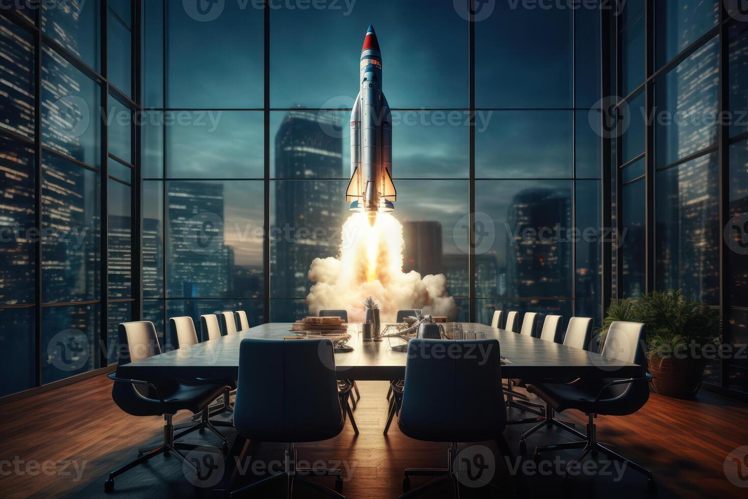 AI generated Rocket launch in meeting room, concept of successful startup and new ideas. Generative AI photo