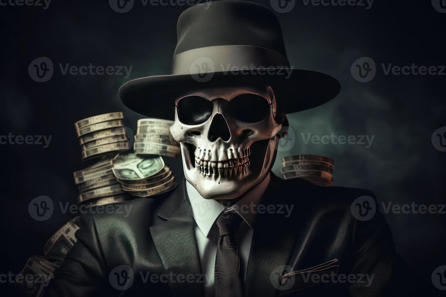 AI generated Skeleton gangster in black suit and hat on background of money. Generative AI photo