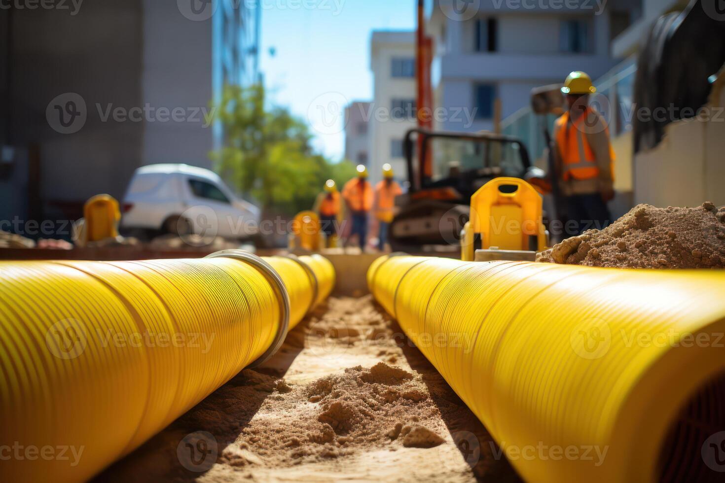 AI generated Pipe laying, yellow plastic pipeline. Generative AI photo