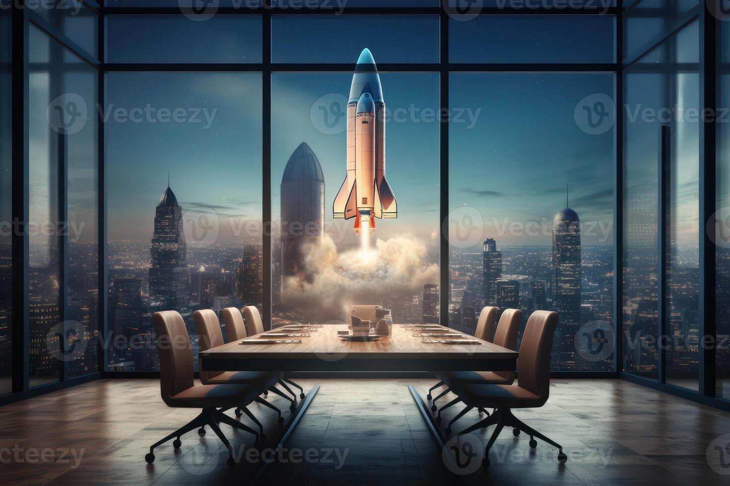 AI generated Rocket taking off into space is visible from window of meeting room. Generative AI photo