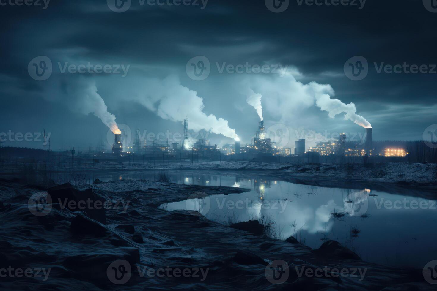 AI generated Gloomy industrial landscape with smoking factory. Generative AI photo