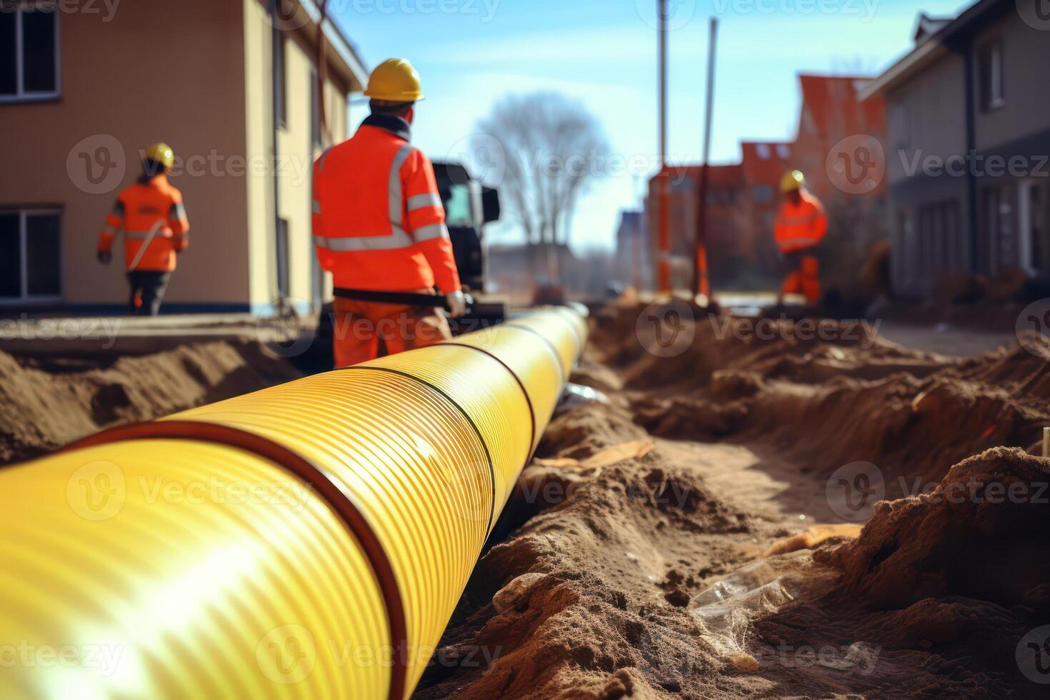 AI generated Workers in uniform laying a yellow pipeline in a trench. Generative AI photo