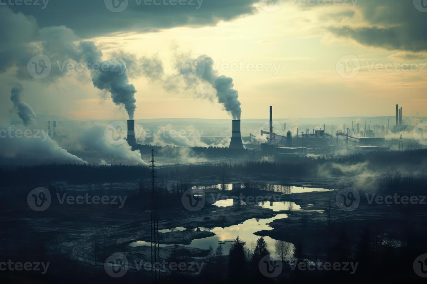 AI generated Industrial landscape -smoke pipes of factory polluting the air. Generative AI photo
