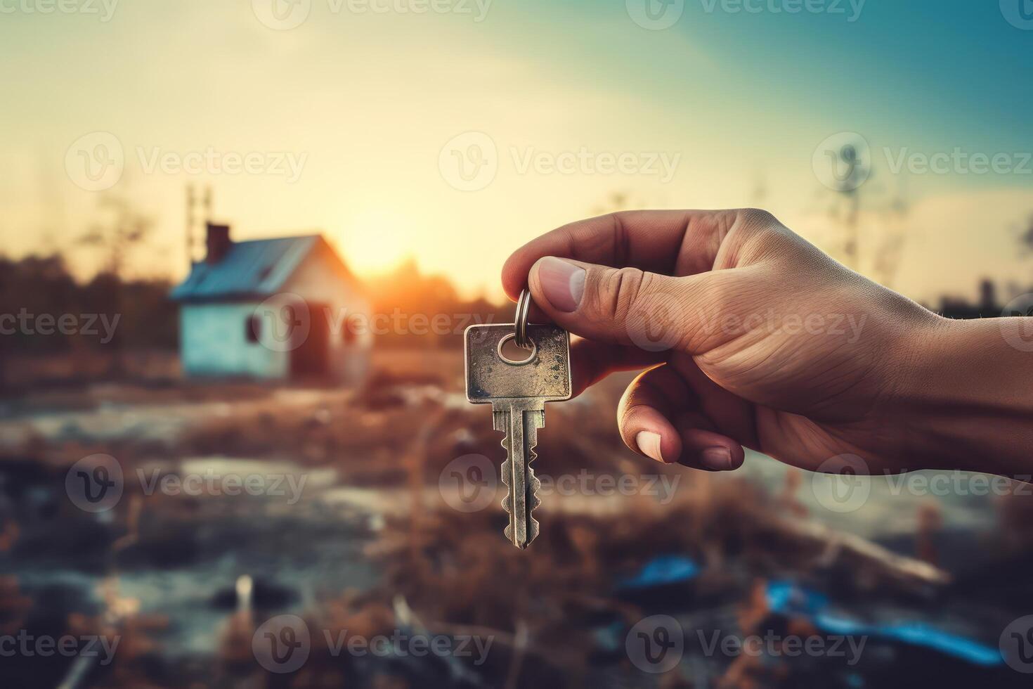 AI generated Hand holds the keys to small garden house or cabin. Generative AI photo