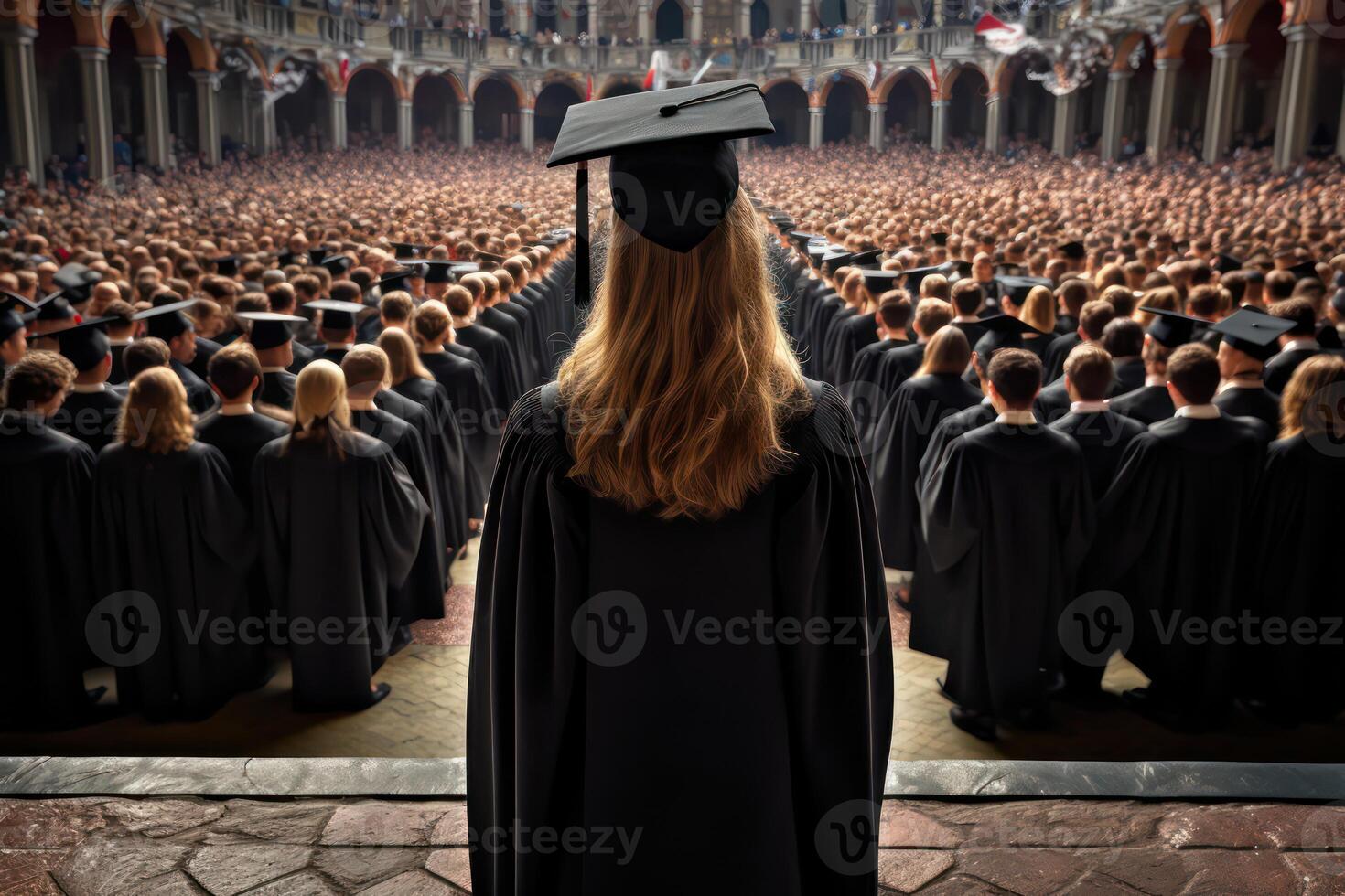 AI generated University graduate girl in black hat and gown looks at crowd. Generative AI photo