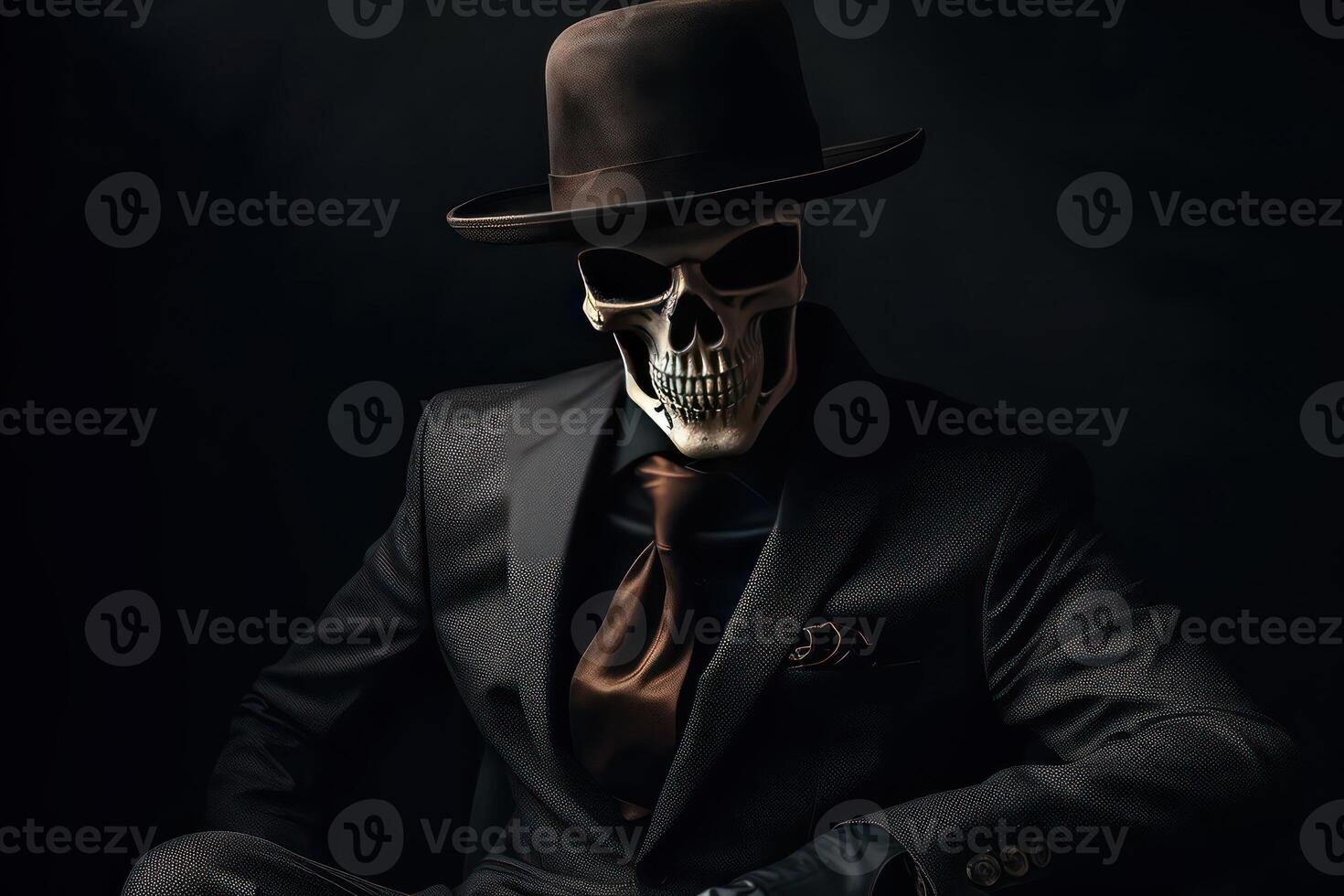 AI generated Skeleton in a black suit and hat, businessman or gangster. Generative AI photo