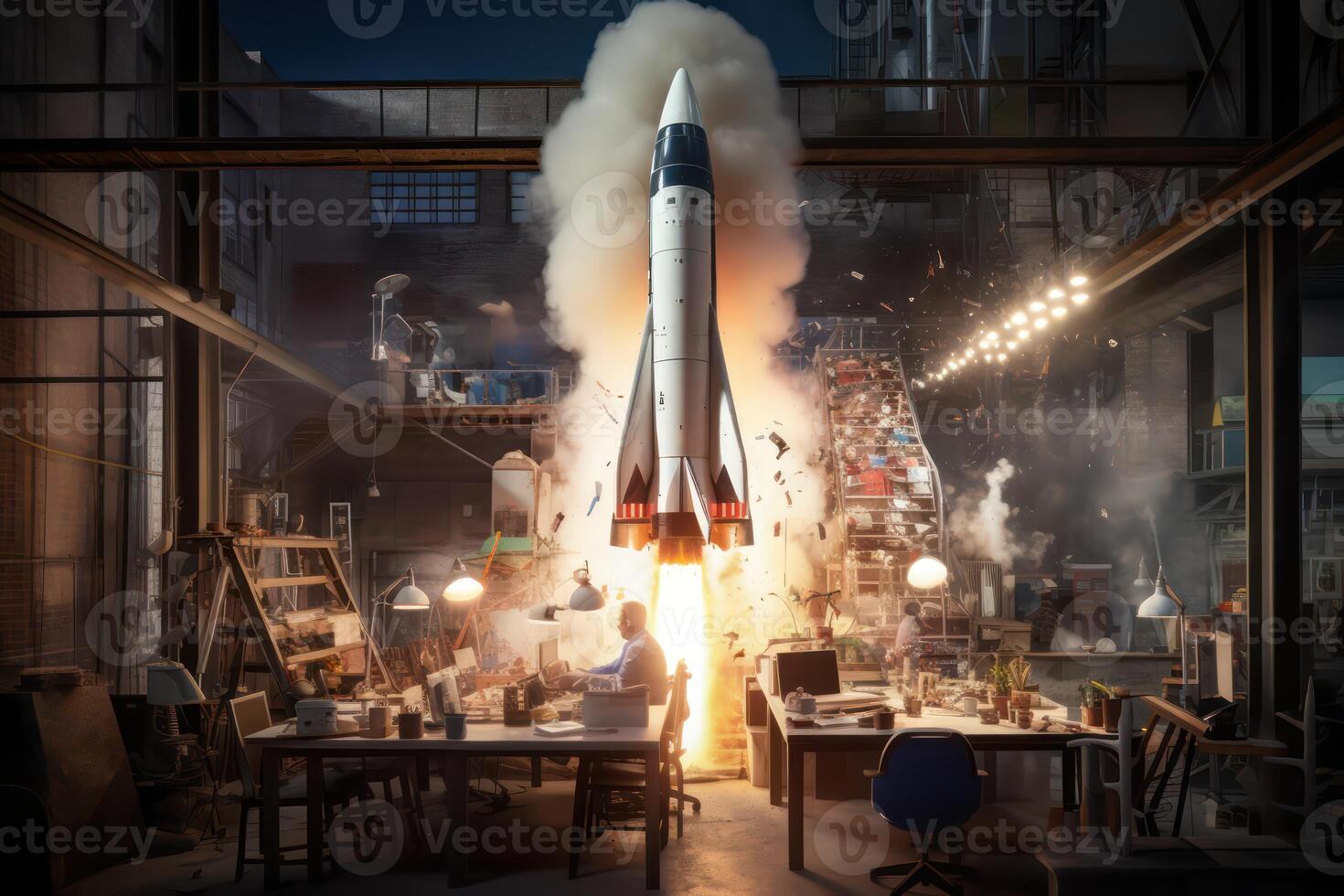 AI generated Rocket takes off in laboratory or office, startup business success idea. Generative AI photo