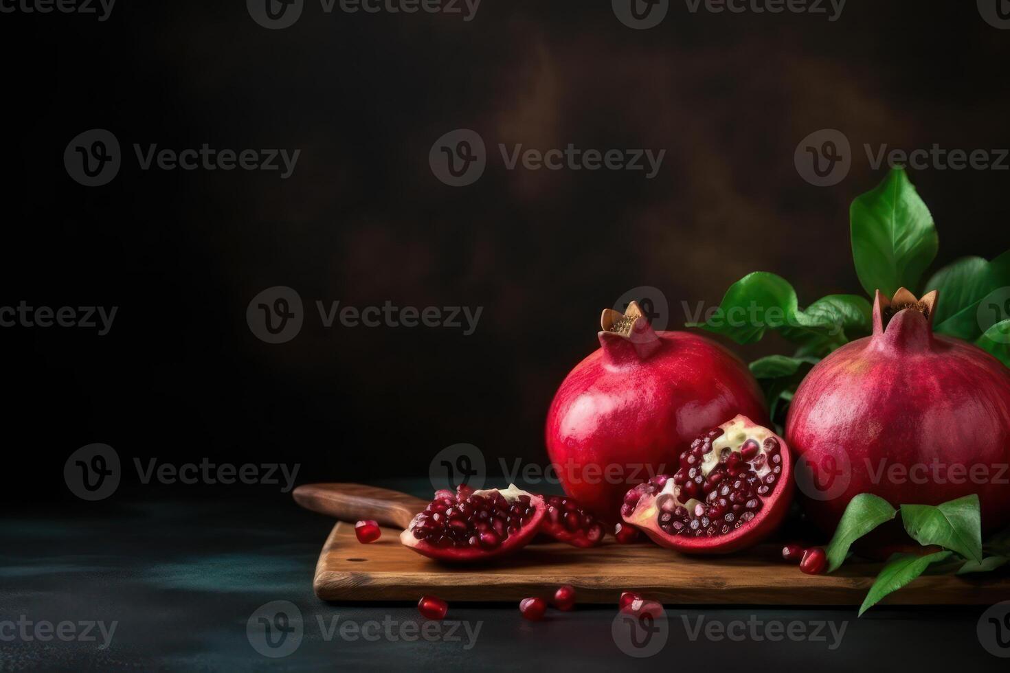 AI generated Harvest of ripe pomegranates, beautiful serving on dark background. Generative AI photo