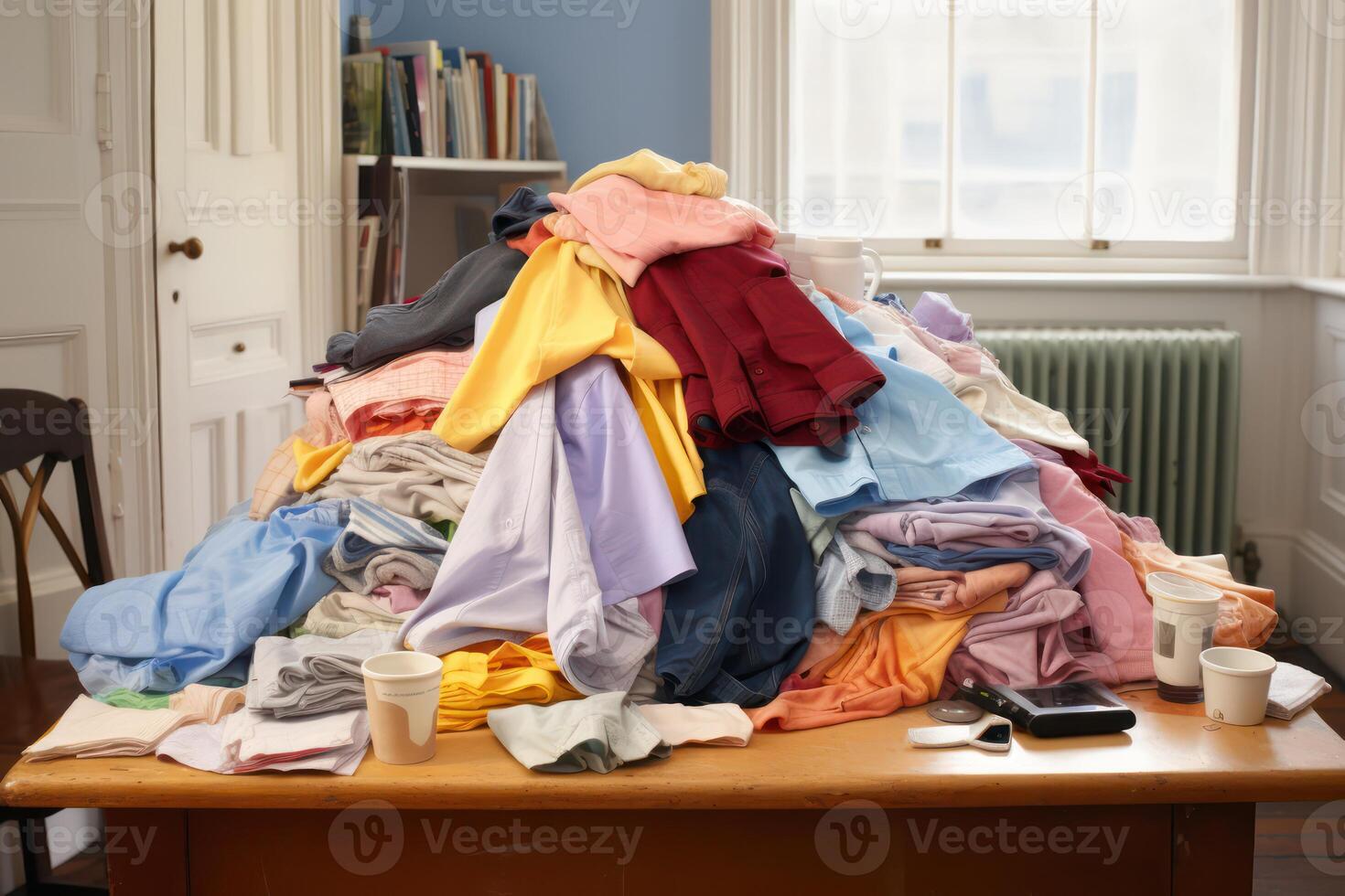 Seamstress woman pile of a lot of clothes. Generate Ai 24137243 Stock Photo  at Vecteezy