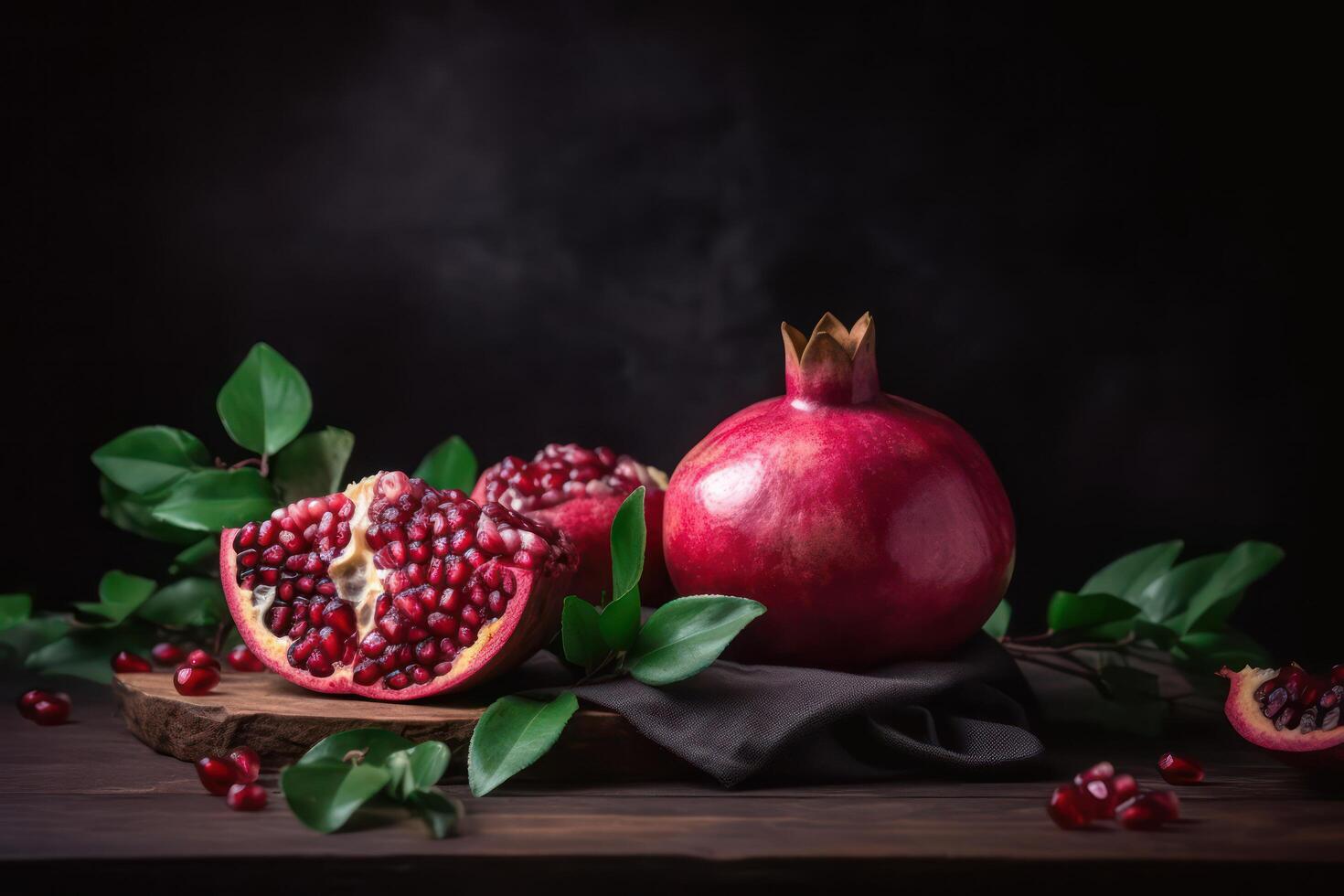 AI generated Ripe pomegranates still life on black background. Generative AI photo