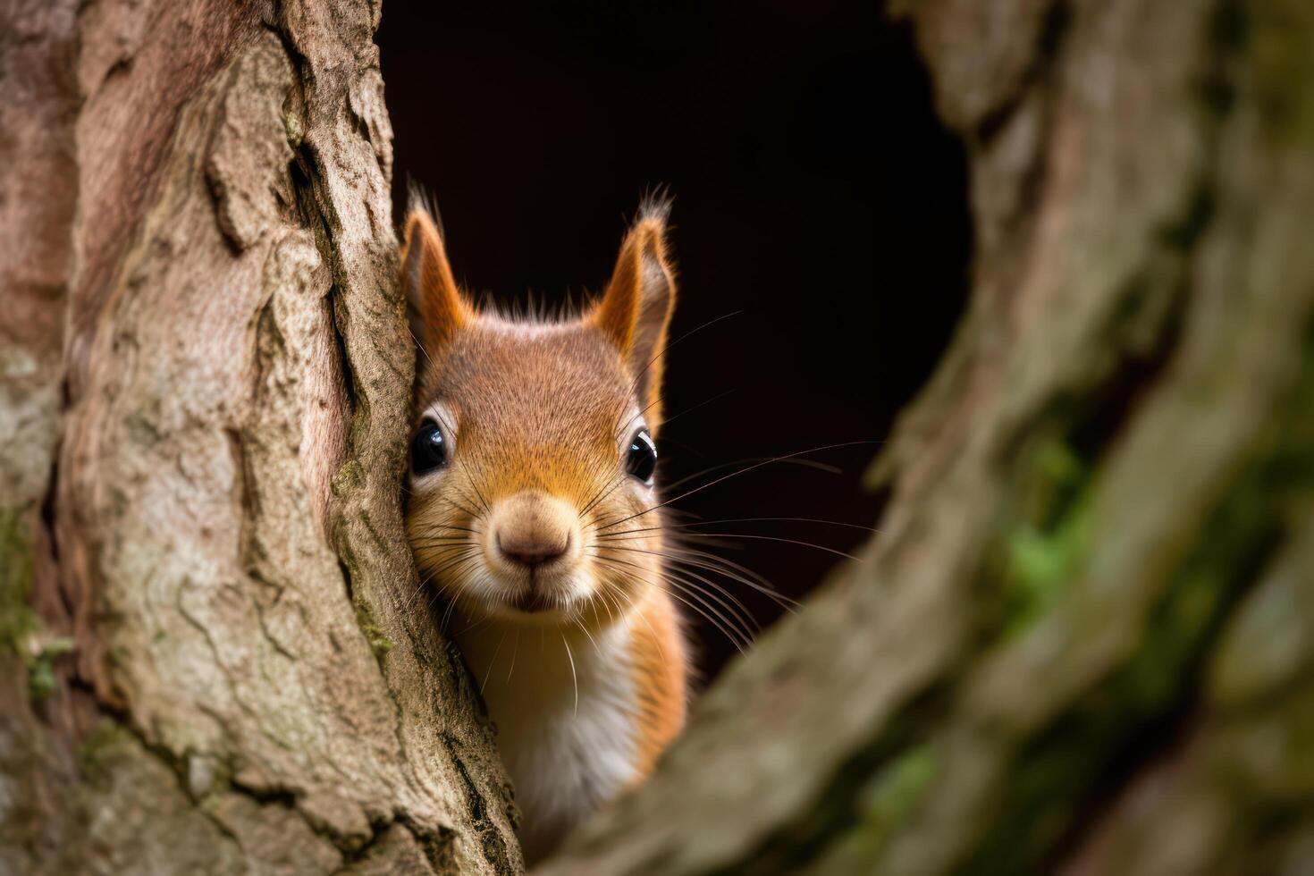 AI generated Squirrel peeks out of hollow tree. Generative AI photo
