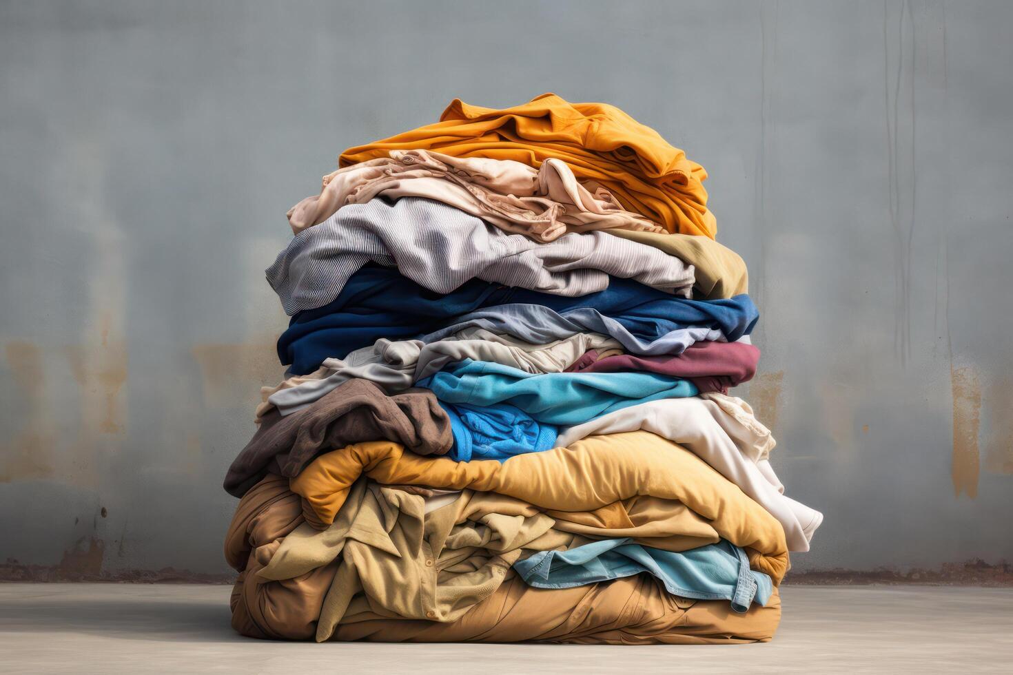 AI generated Pile of clothes and textiles on background of gray shabby wall. Generative AI photo