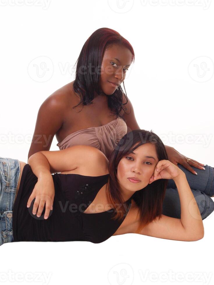 Two Young Woman Portrait Black and Hispanic photo