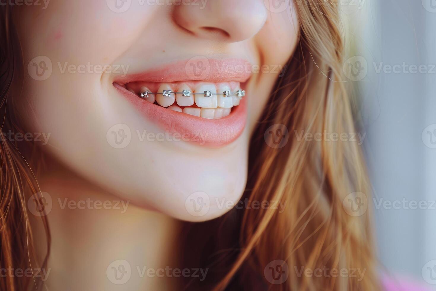 ai generado sonrisa con tirantes ortodoncia tratamiento. dental cuidado concepto. hermosa mujer sano sonrisa cerca arriba. de cerca cerámico y metal soportes en dientes. hermosa hembra foto