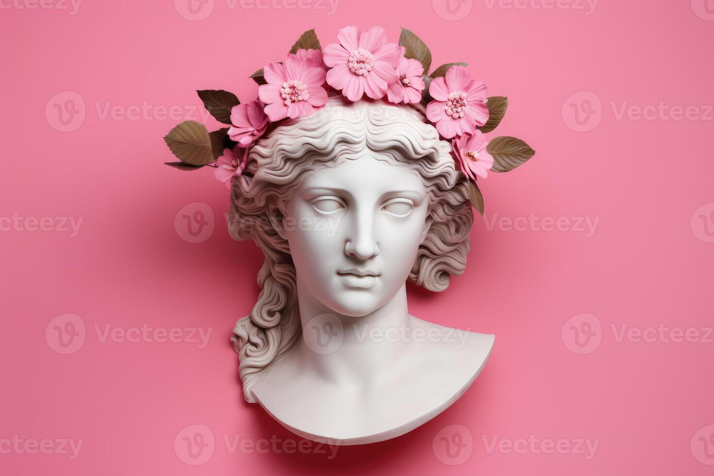 ai generado antiguo estatua de mujer diosa con floral guirnalda en cabeza. griego antiguo escultura de hembra cabeza con rosado pastel antecedentes. minimalista moderno de moda y2k estilo foto