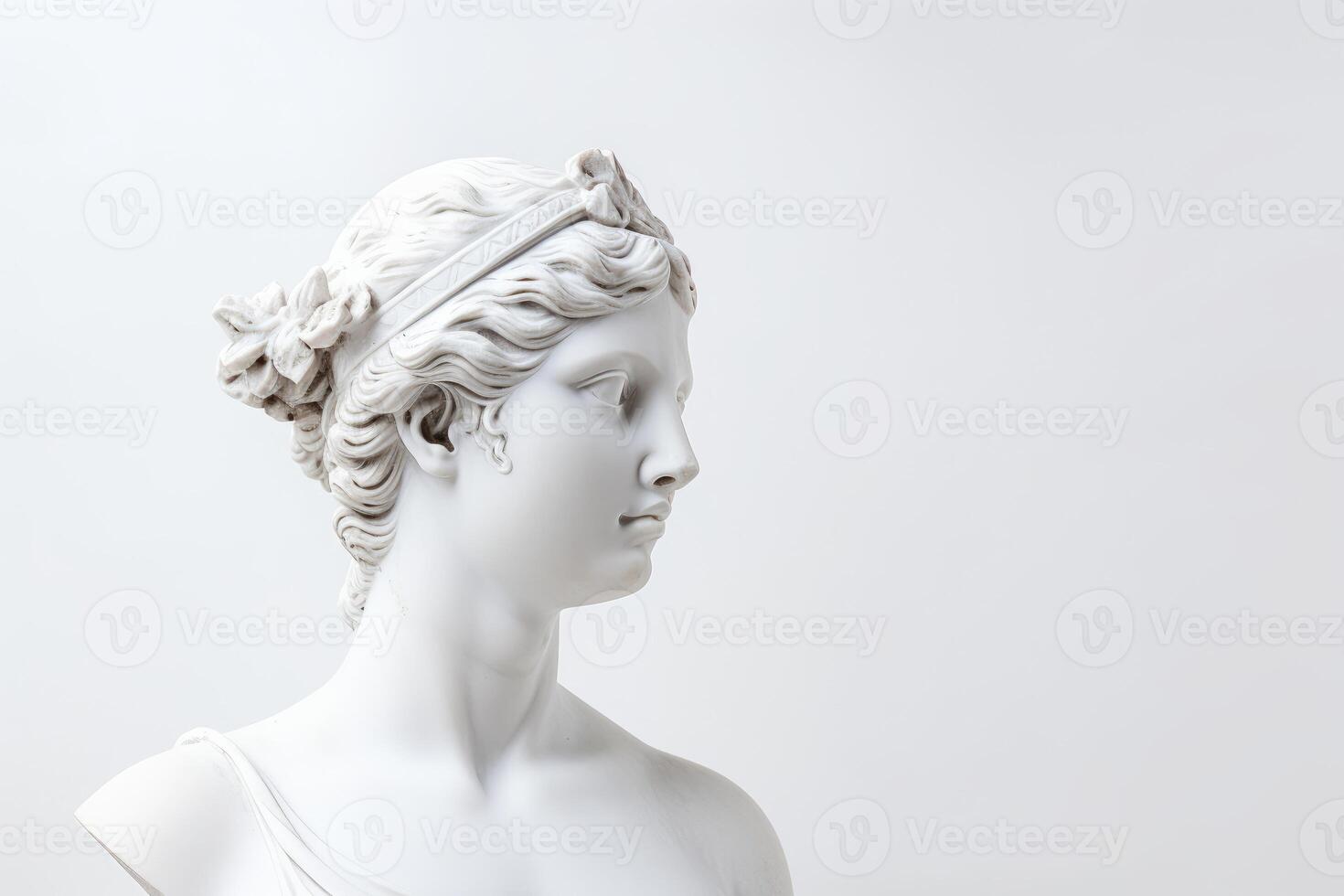 AI generated Ancient Greek Sculpture of Woman with wreath on her Head on gray background with Copy space. Beautiful female statue in y2k photo