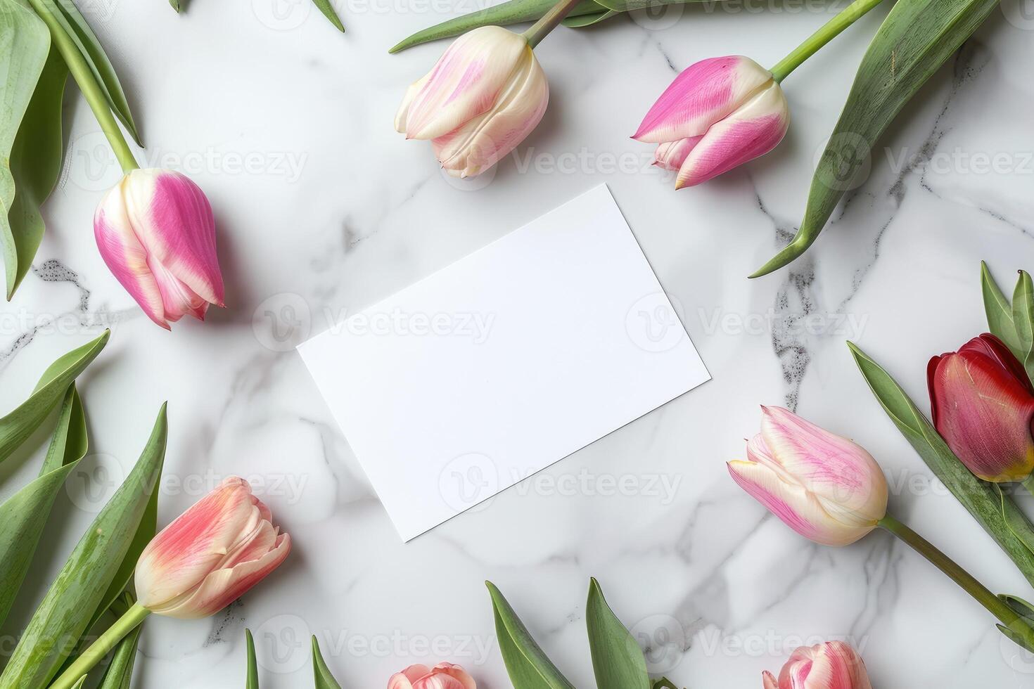 AI generated Top view of blank white Card with pink Tulips on marble table. Festive floral background with copy space. Greeting card for Women's Mother's Day and other springtime holidays of flowers photo