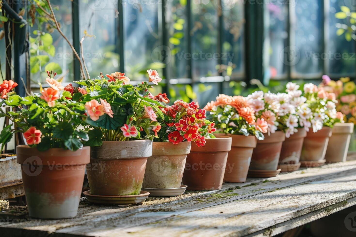 AI generated Clay pots with Spring Flowers on wooden bench in Greenhouse. Colorful plants gardening. Herb replanting in the green house. Housekeeping and plant growing photo