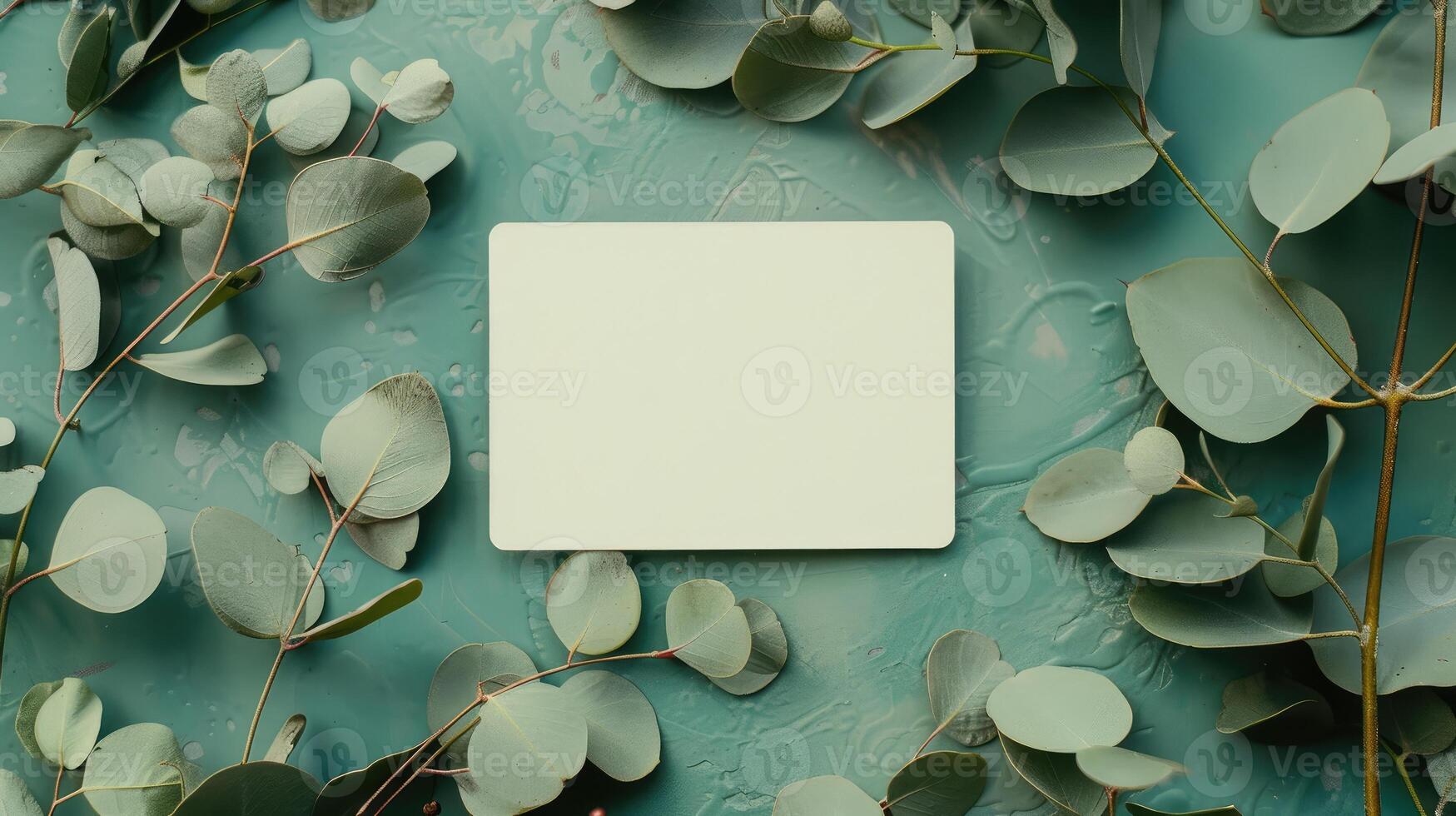 AI generated Bright feminine spring mockup with handmade paper greeting Card and Eucalyptus leaves on table background with copy space. Top view empty postcard for Wedding invitations Mother Women Day photo