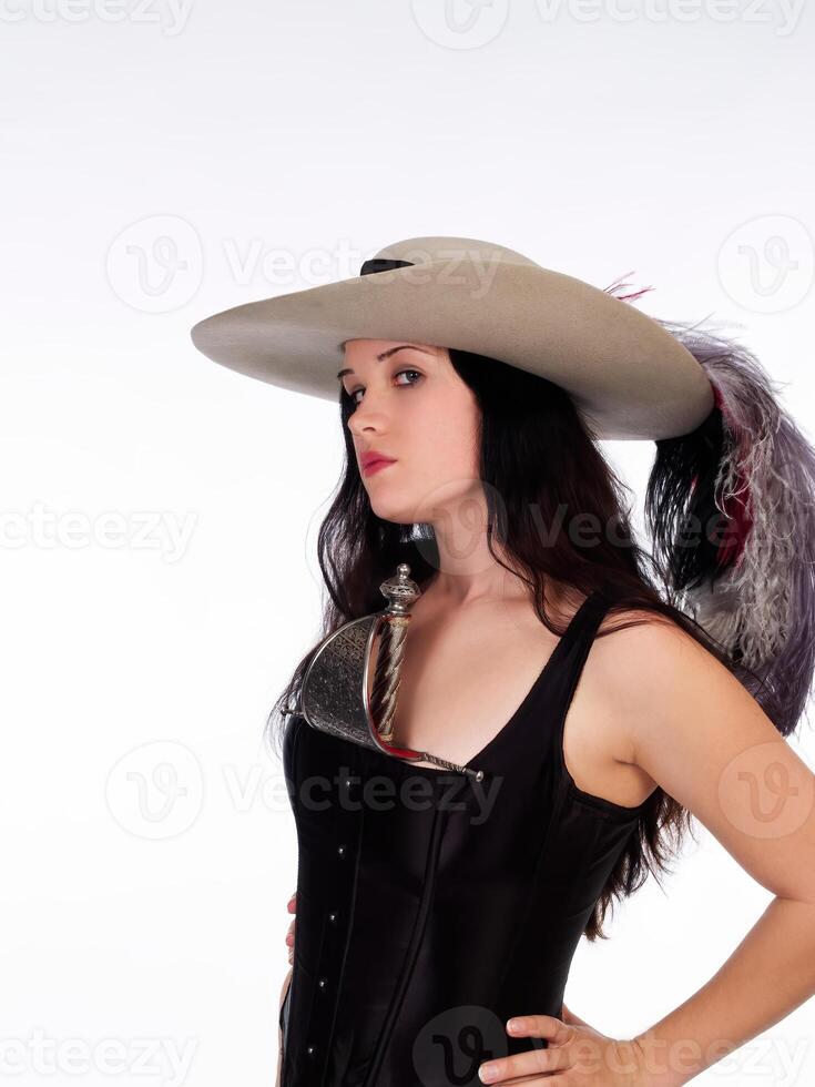 Caucasian Woman In Feather Hat And Black Corset photo
