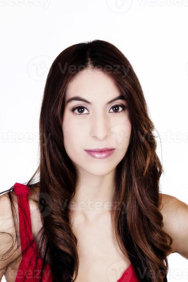 Portrait Attractive Hispanic Woman In Red Top photo