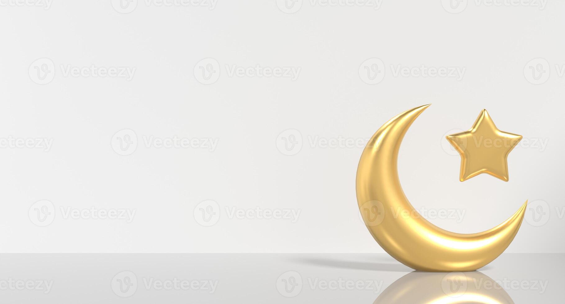 Islamic crescent moon and star icon. Golden Moon and star 3d icon. Symbol shape design for islamic concept. 3D render illustration photo