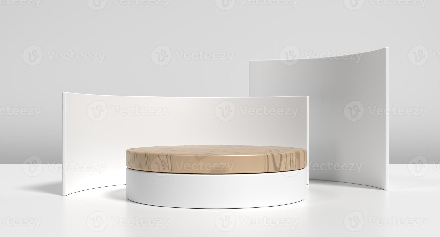 Wooden round cylinder product stage podium. Empty brown wood podium. Podium for promotion product display. 3D rendering photo