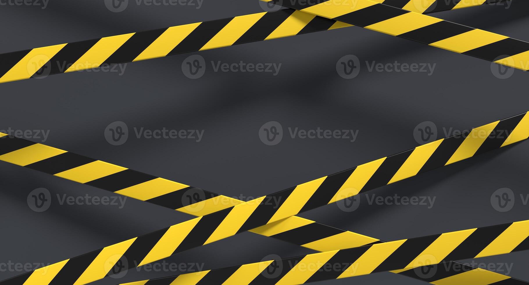 Warning tape and police line. Black and yellow line striped. Warning danger tape. Restriction tapes 3d rendering photo