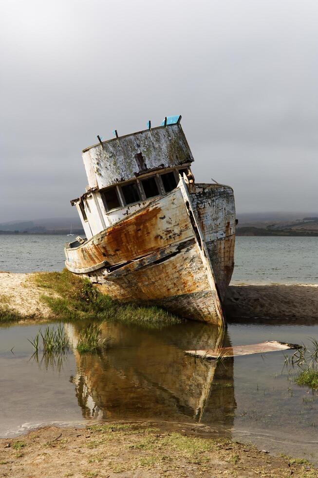 Point Reyes, CA, 2014 - Wooden Fishing Boat Rusted And Broken Aground photo