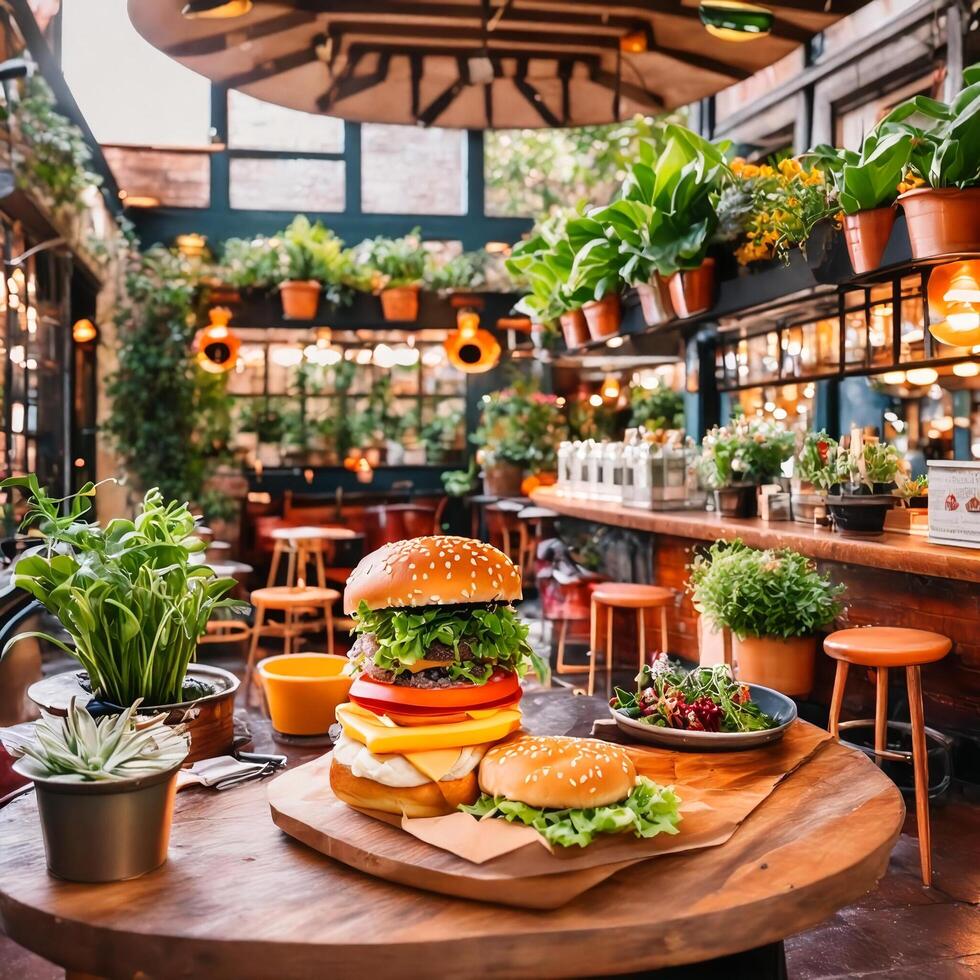 ai generado un hamburguesa sentado en un de madera mesa siguiente a un planta foto