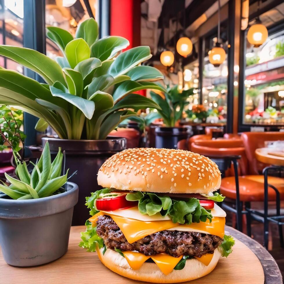 ai generado un hamburguesa sentado en un de madera mesa siguiente a un planta foto