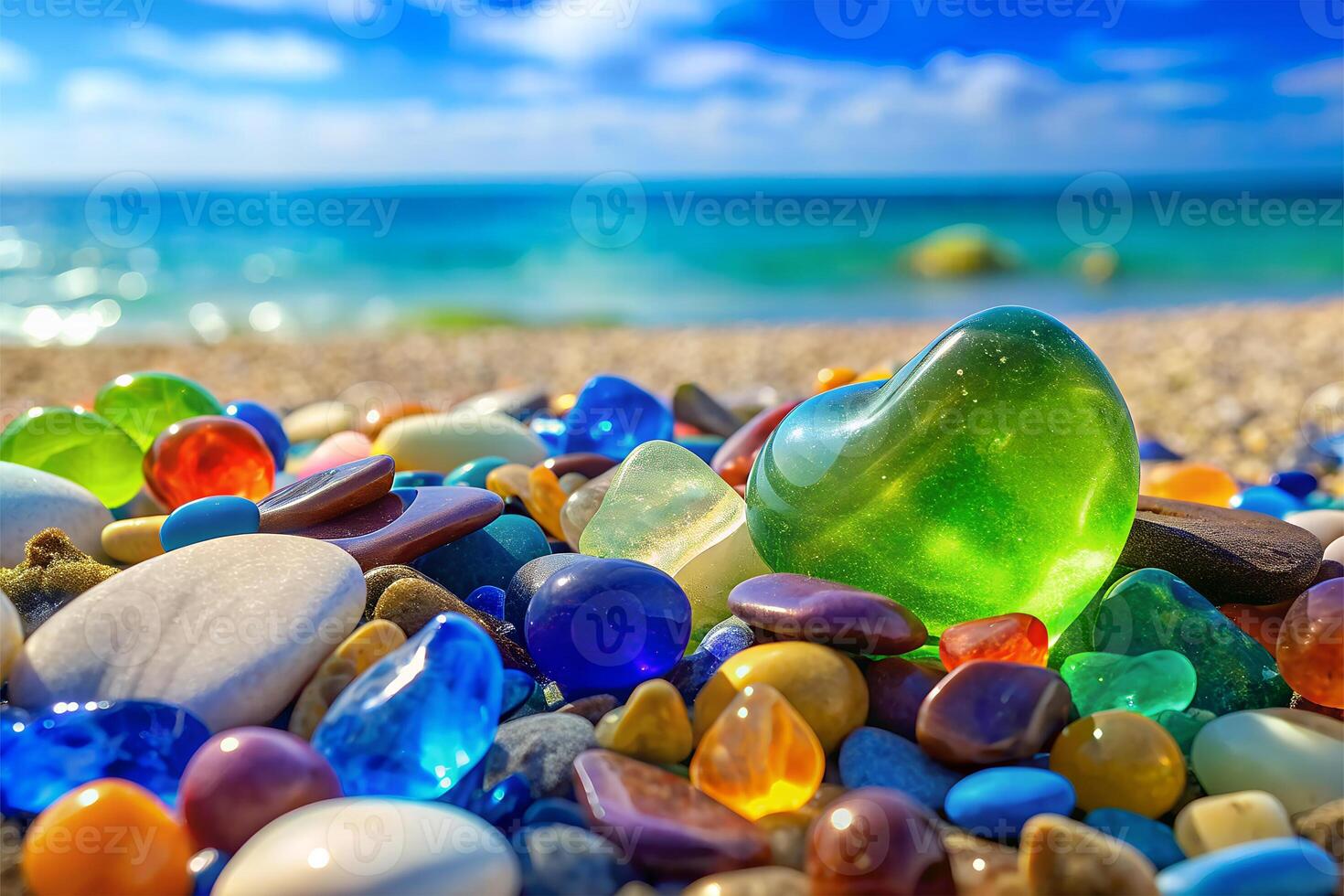 AI generated Colorful gemstones on a beach. Polish textured sea glass and stones on the seashore. Green, blue shiny glass with multi-colored sea pebbles close-up. Beach summer background photo