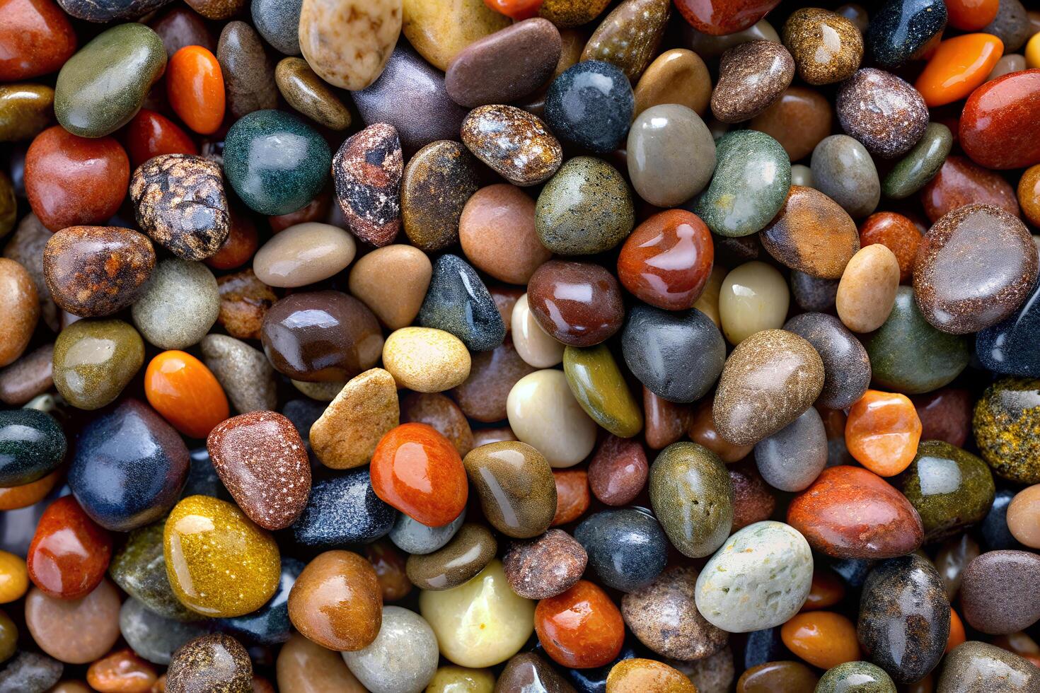 AI generated Background of tiny, wet, smooth, rounded, multi-coloured stones of the same size, solid coverage, taken from above photo