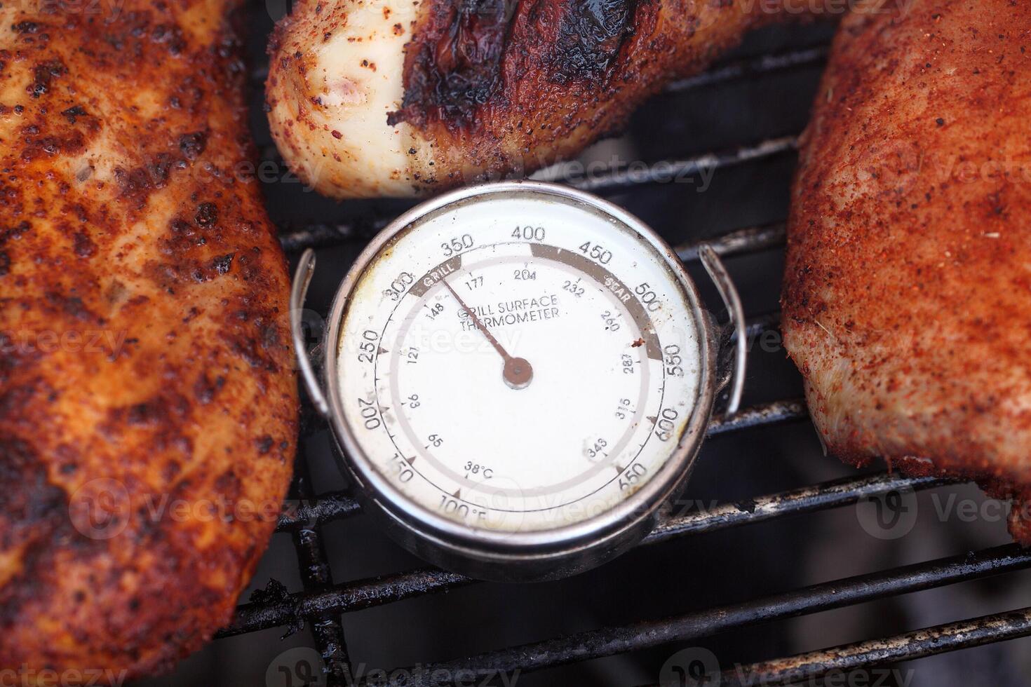 Grill surface thermometer with cooking chicken pieces photo