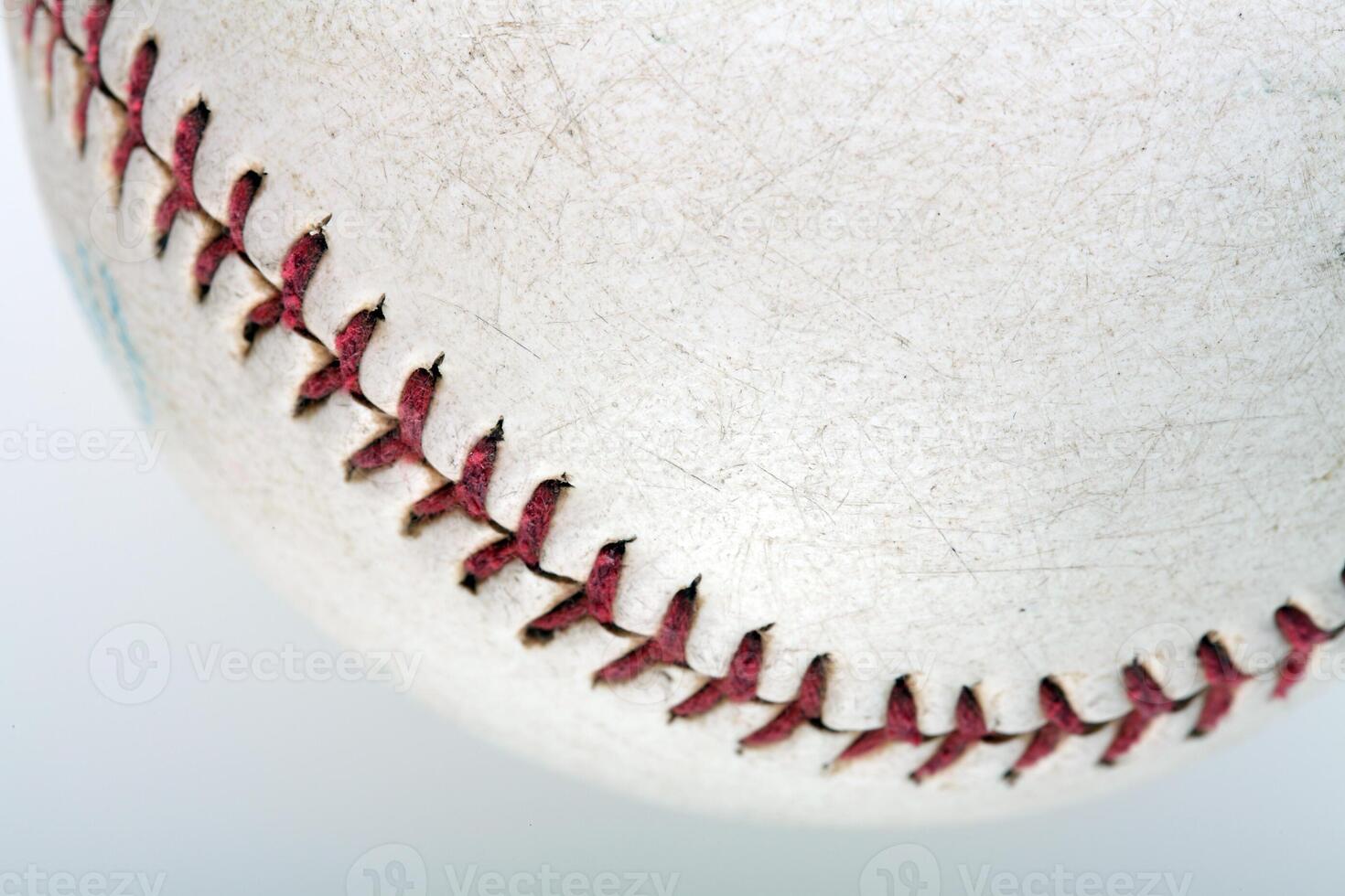 closeup of stitches of old scuffed baseball photo
