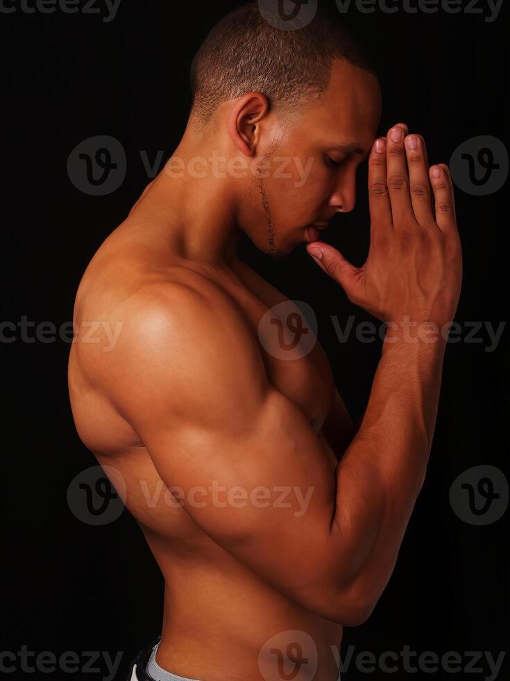 Shirtless African American Man On Dark Background Toned Body photo