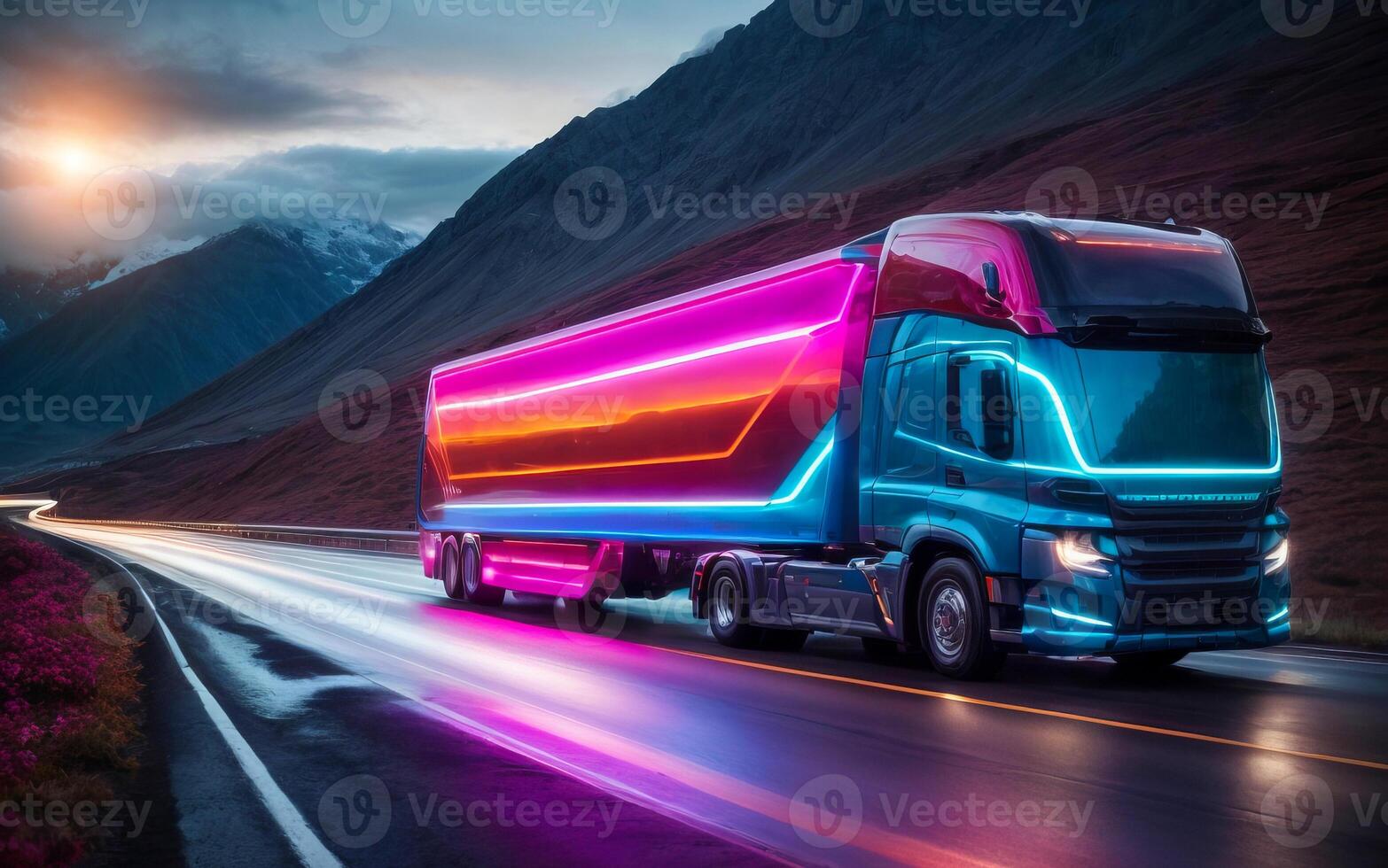 ai generado largo recorrido envase camión que lleva comercial carga entrega Entre ciudades en un autopista foto