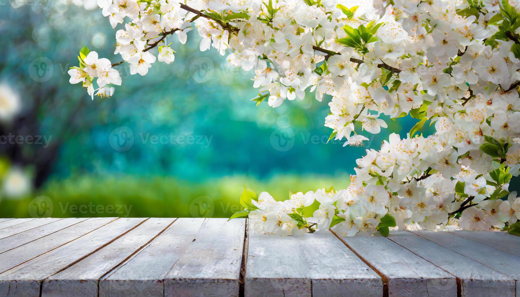 AI generated Spring nature background with blossoming flowers and rustic wooden table photo