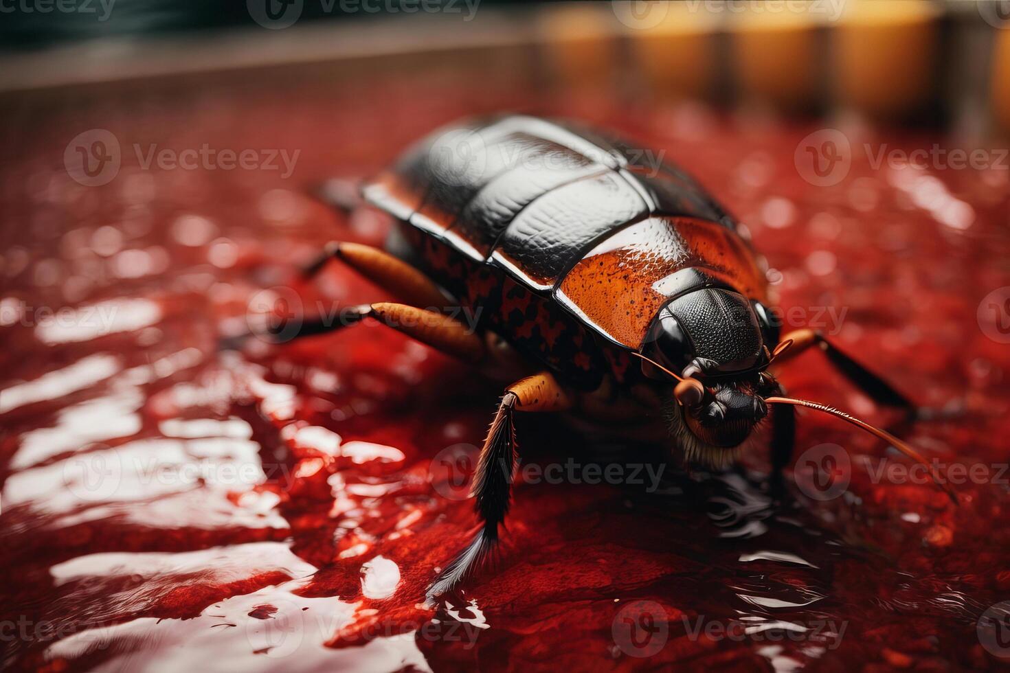 ai generado un grande marrón y negro cucaracha error es en un rojo superficie foto