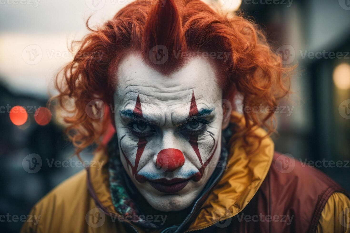 AI generated An evil clown with red hair and a red nose is wearing a yellow outfit wit orange hair photo