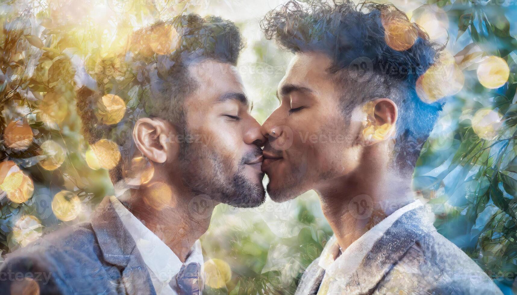 ai generado dos gay hombres besos cada otro y compartiendo apasionado íntimo Beso foto