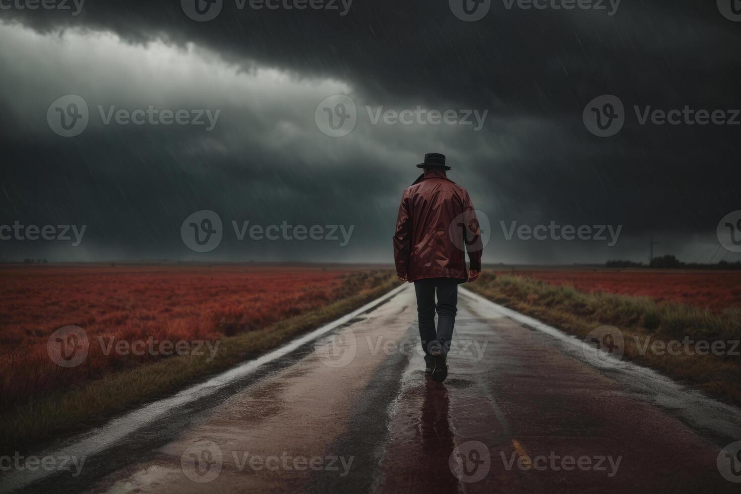 AI generated A man is walking down a road in the rain in dramatic weather. A concept of loneliness and depression photo