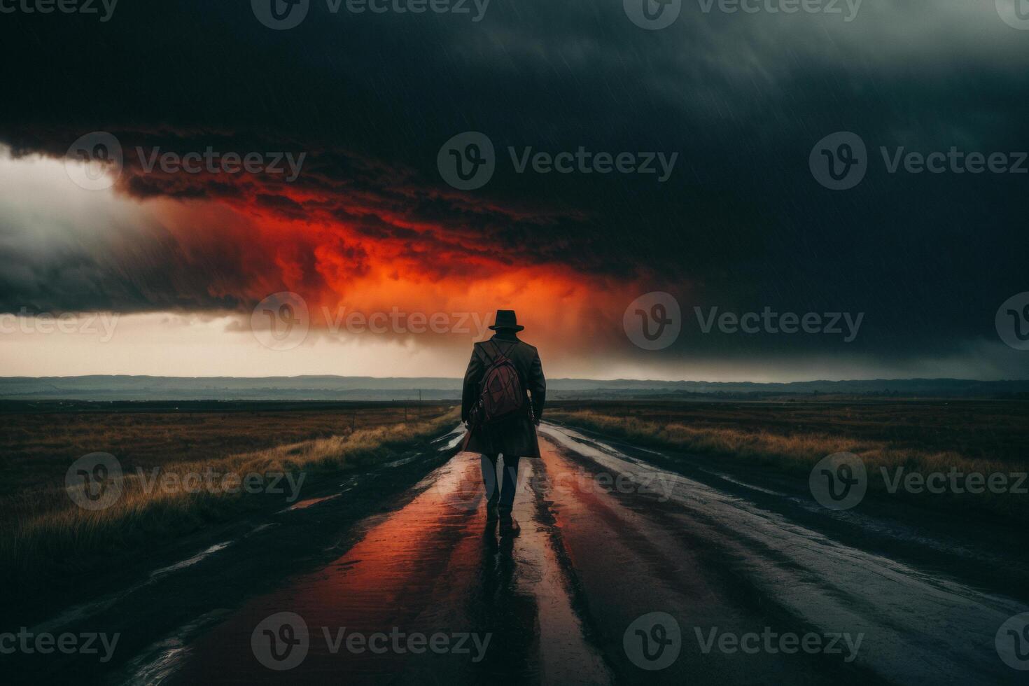 AI generated A man is walking down a road in the rain in dramatic weather. A concept of loneliness and depression photo
