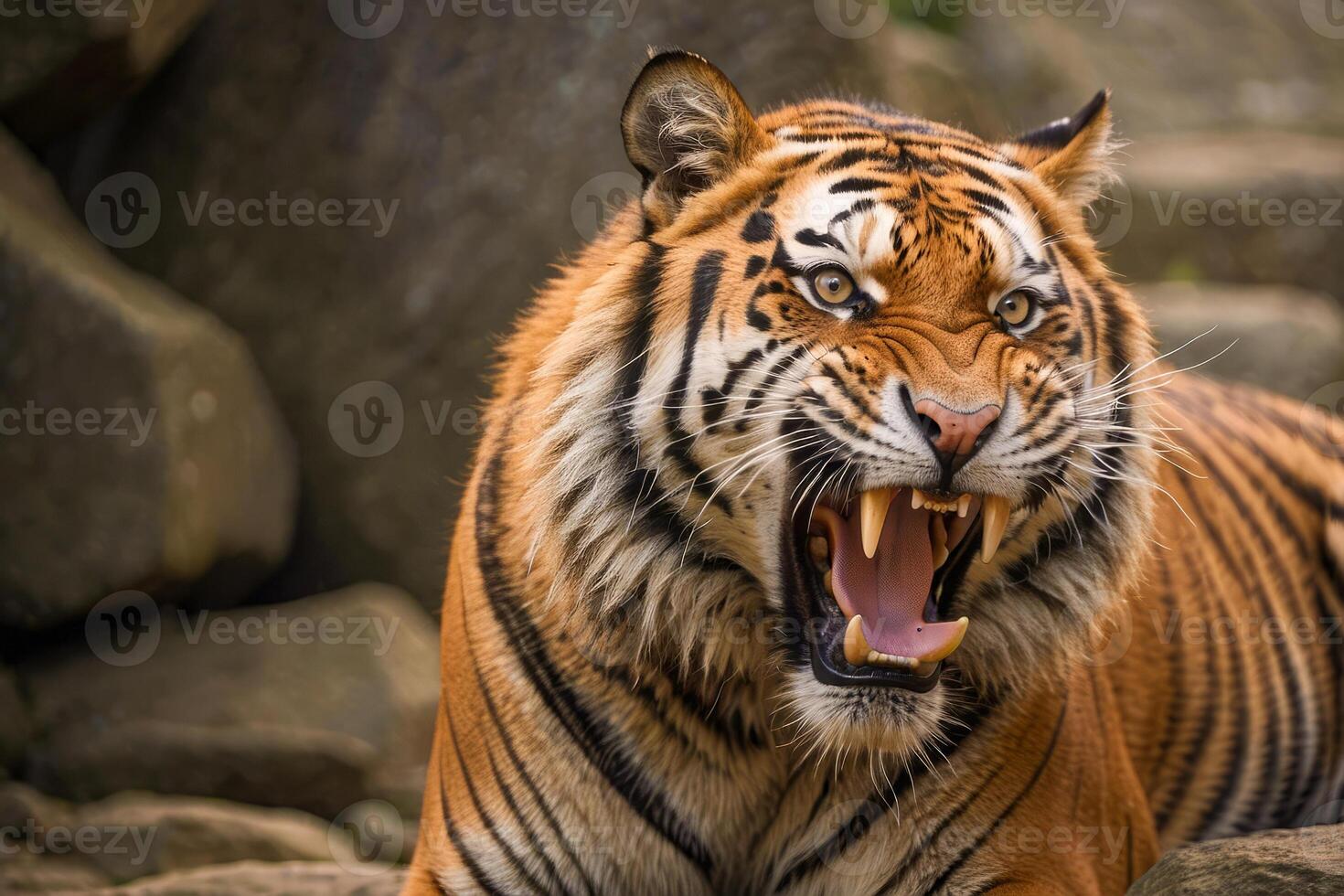 ai generado un Tigre es mostrado con sus boca amplio abierto, demostración sus dientes foto