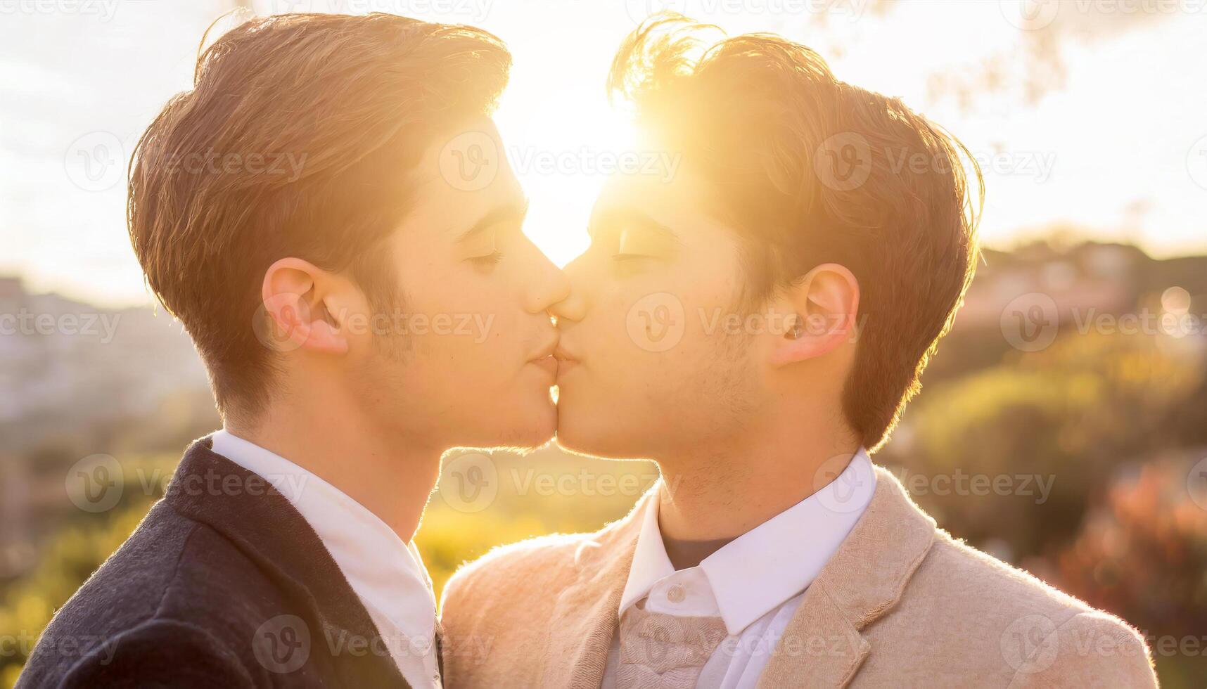 ai generado dos gay hombres besos cada otro y compartiendo apasionado íntimo Beso foto