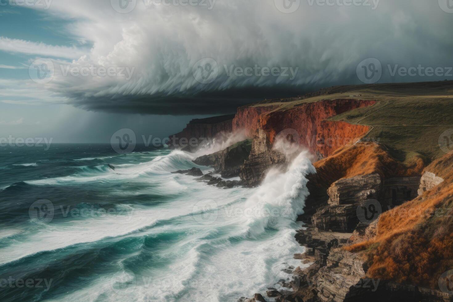 AI generated A stormy ocean with a large wave crashing against the rocks photo