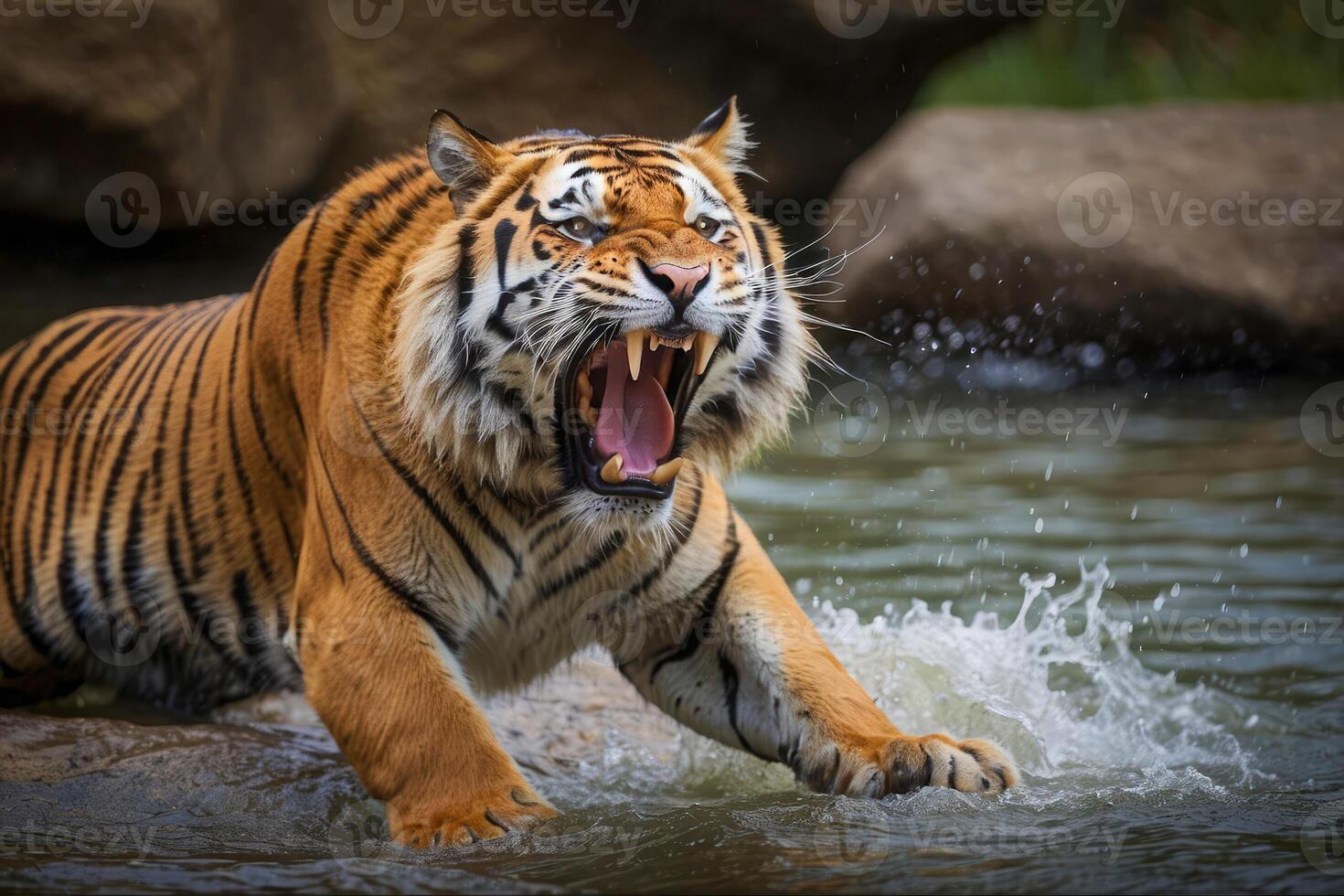 AI generated A tiger is shown with its mouth wide open, showing its teeth photo