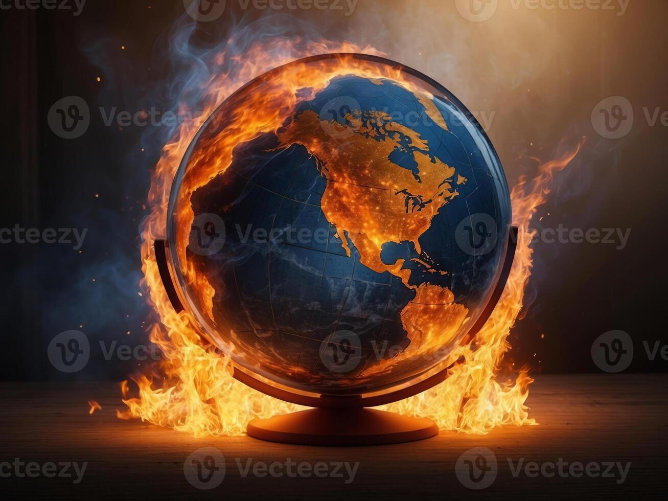 AI generated A globe is on fire and surrounded by flames. Climate change and global warming photo