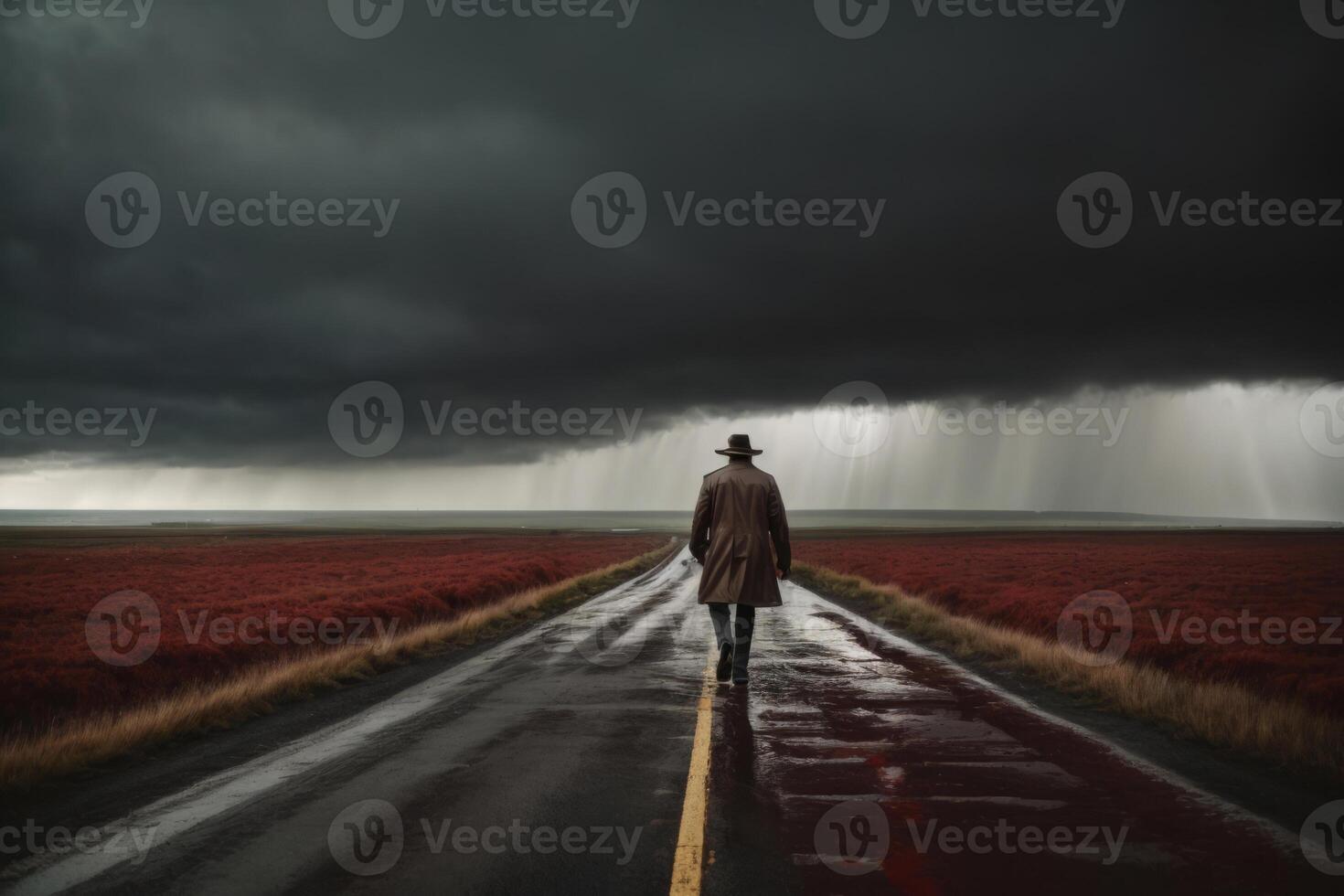 AI generated A man is walking down a road in the rain in dramatic weather. A concept of loneliness and depression photo