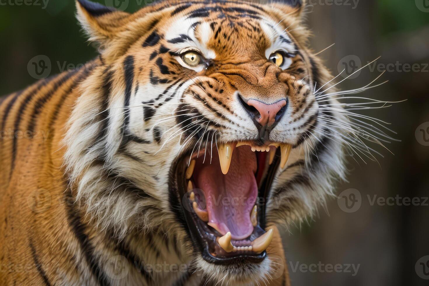 ai generado un Tigre es mostrado con sus boca amplio abierto, demostración sus dientes foto